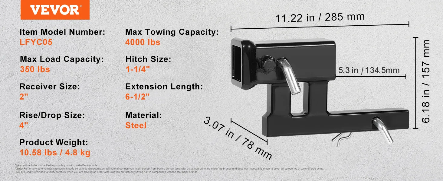 VEVOR hitch adapter with 2" receiver, 1-1/4" hitch size, 350 lbs load capacity, and 4000 lbs towing capacity.