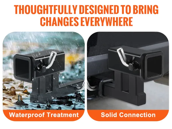 VEVOR hitch adapter: waterproof treatment for harsh environments and solid steel connection for stability.
