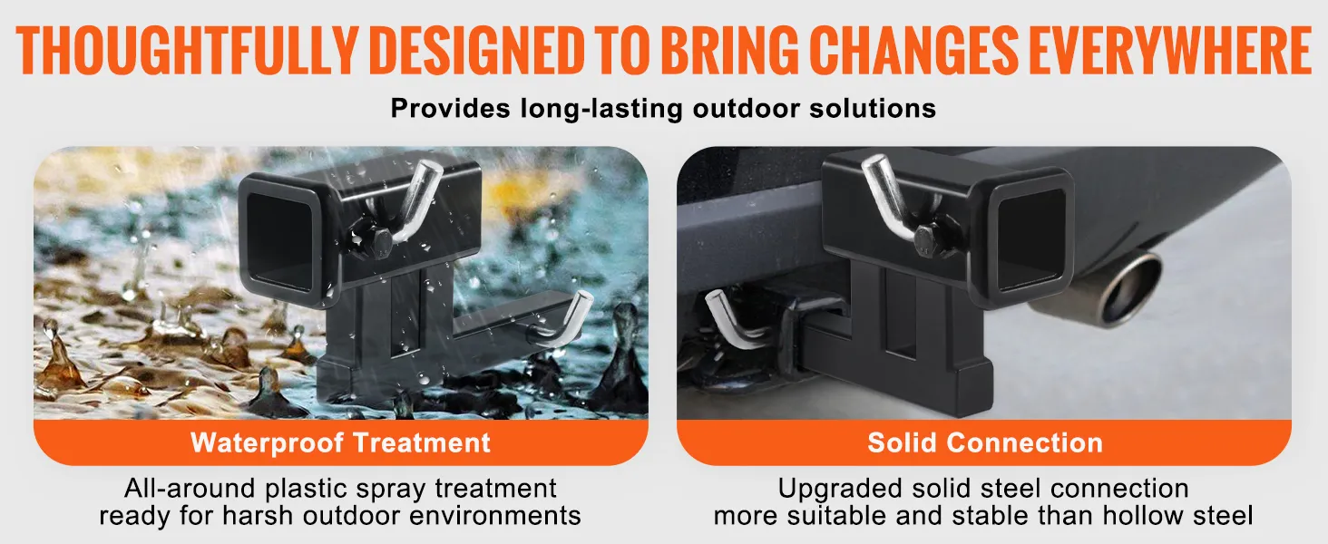 VEVOR hitch adapter: waterproof treatment for harsh environments and solid steel connection for stability.