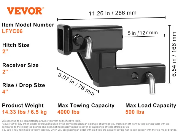 VEVOR trailer hitch riser, 500 lbs load, 4000 lbs towing, 2" hitch, steel material, 4" rise/drop.