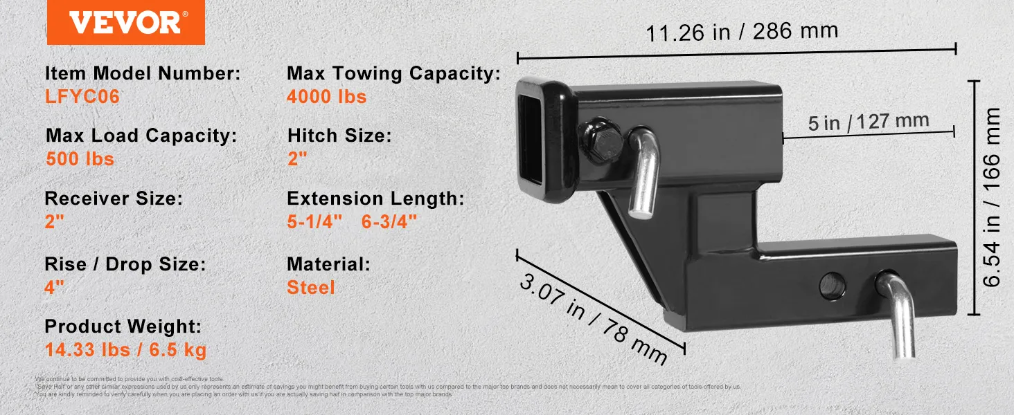 VEVOR trailer hitch riser, 500 lbs load, 4000 lbs towing, 2" hitch, steel material, 4" rise/drop.