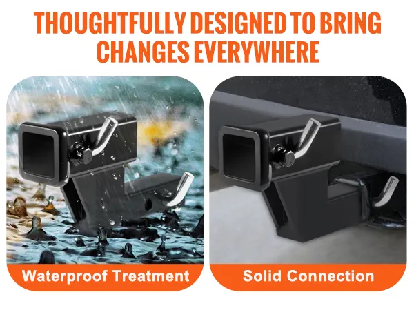 VEVOR trailer hitch riser features waterproof treatment and solid steel connection for outdoor use.