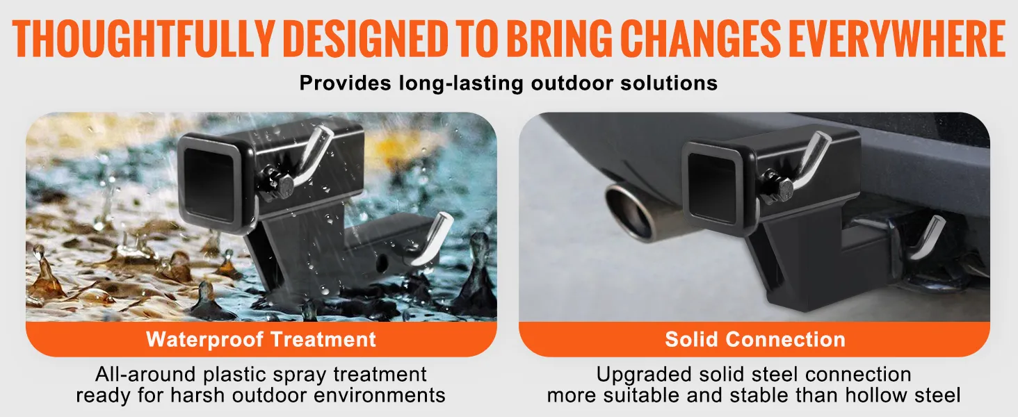 VEVOR trailer hitch riser features waterproof treatment and solid steel connection for outdoor use.