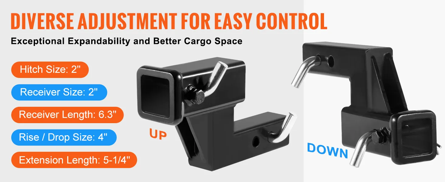 VEVOR trailer hitch riser with diverse adjustment, 2" hitch size, and 4" rise/drop size.