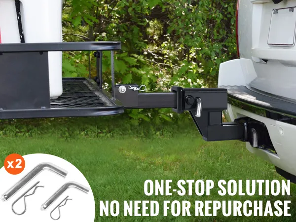 VEVOR trailer hitch riser attached to a vehicle with two sets of standard pins included.