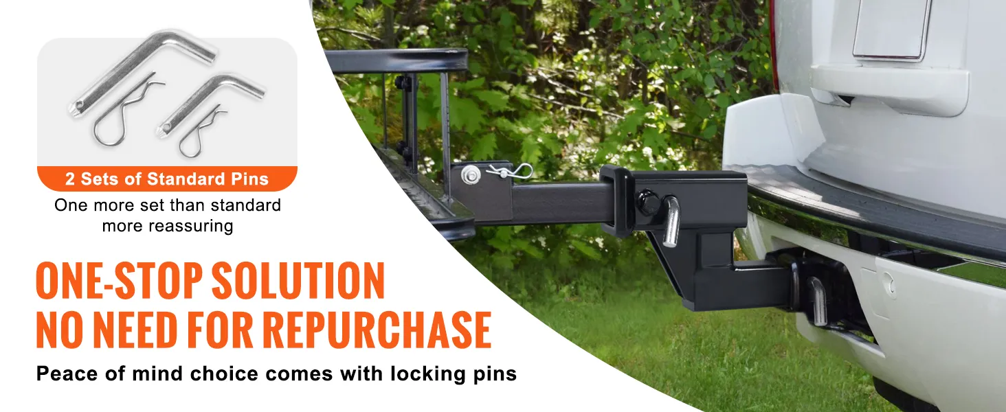 VEVOR trailer hitch riser attached to a vehicle with two sets of standard pins included.