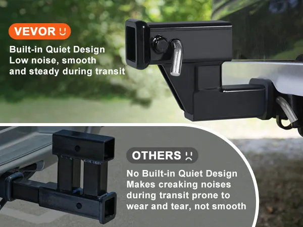 VEVOR trailer hitch riser showcasing a quiet design compared to a noisy competitor's hitch.