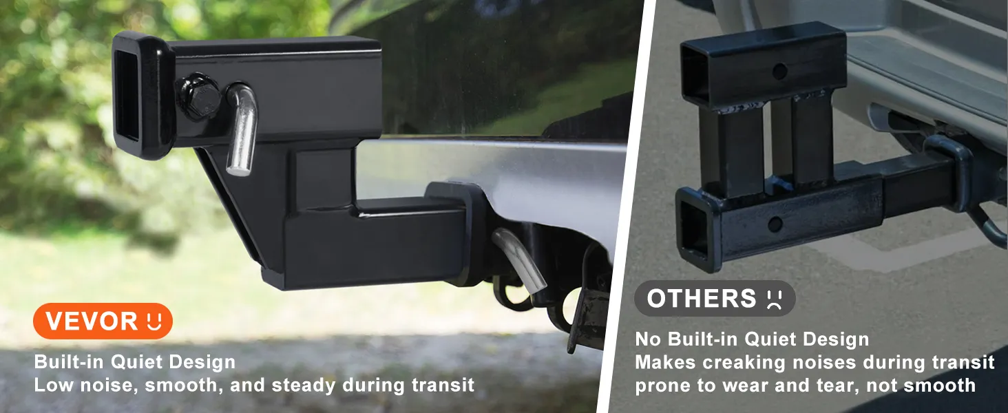 VEVOR trailer hitch riser showcasing a quiet design compared to a noisy competitor's hitch.