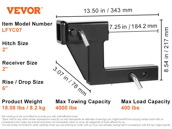VEVOR trailer hitch riser, 6" rise/drop, 400 lbs load, 4000 lbs towing, 2" hitch and receiver.