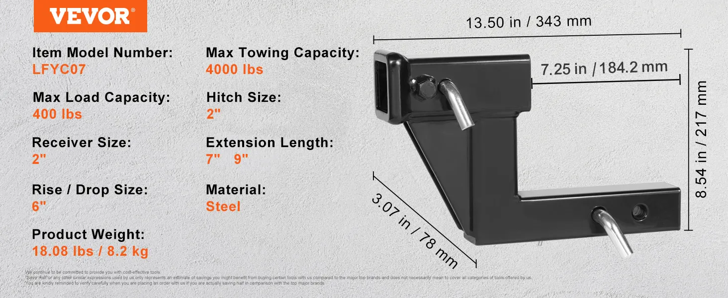 VEVOR trailer hitch riser, 6" rise/drop, 400 lbs load, 4000 lbs towing, 2" hitch and receiver.