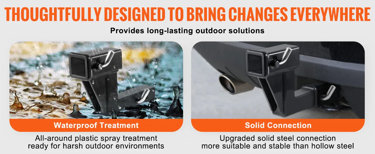 VEVOR trailer hitch riser with waterproof treatment and solid steel connection for outdoor use.