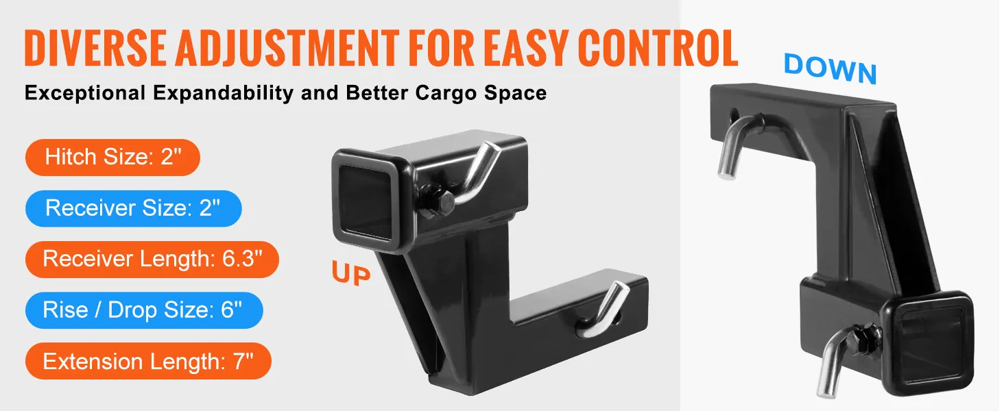 VEVOR trailer hitch riser with 2" hitch and receiver size, 6.3" length, 6" rise/drop, and 7" extension.