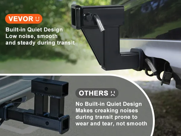 VEVOR trailer hitch riser with built-in quiet design vs. noisier, traditional options in a side-by-side.