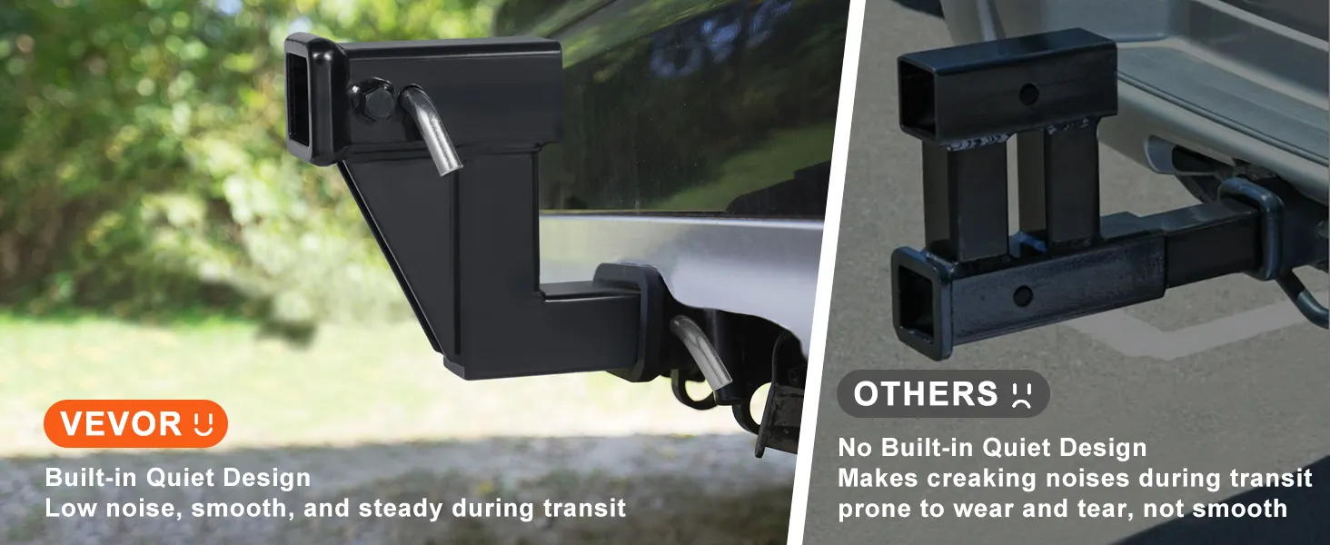 VEVOR trailer hitch riser with built-in quiet design vs. noisier, traditional options in a side-by-side.