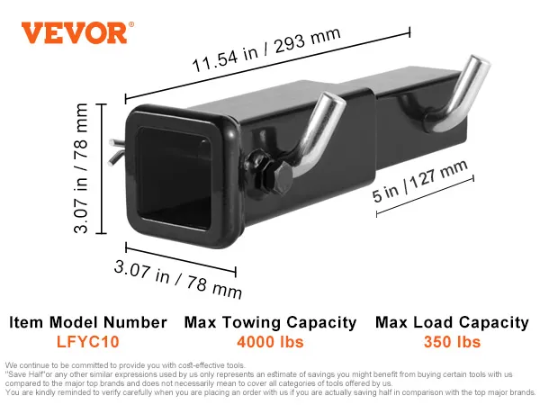 VEVOR trailer hitch extender with 4000 lbs towing capacity, 2-inch receiver, and 7-inch extension length.