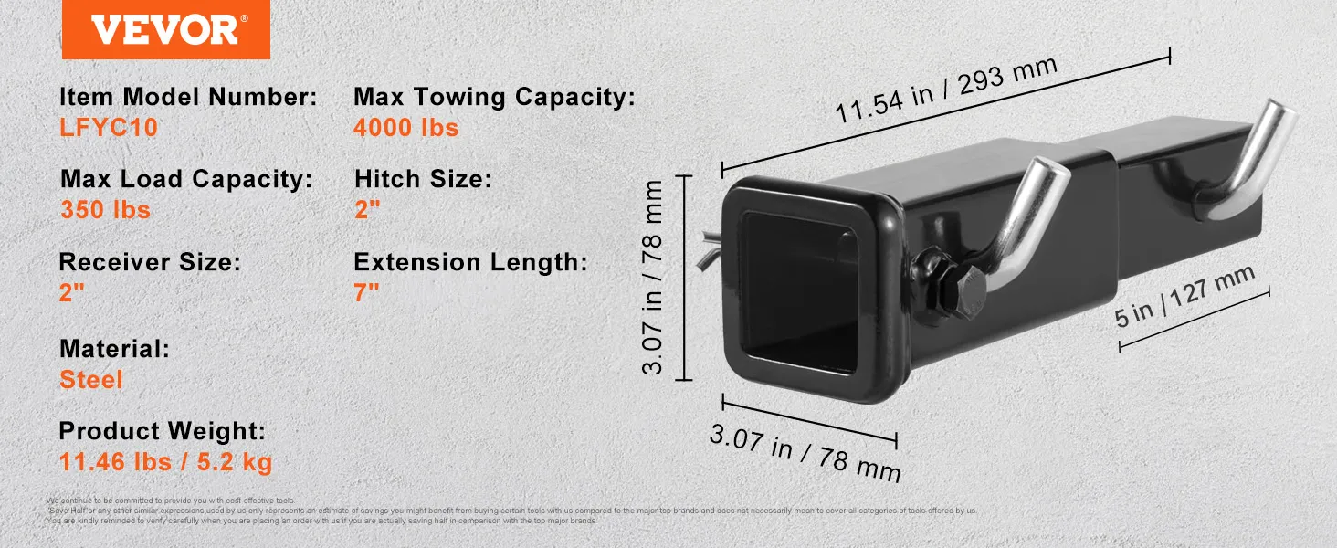 VEVOR trailer hitch extender with 4000 lbs towing capacity, 2-inch receiver, and 7-inch extension length.
