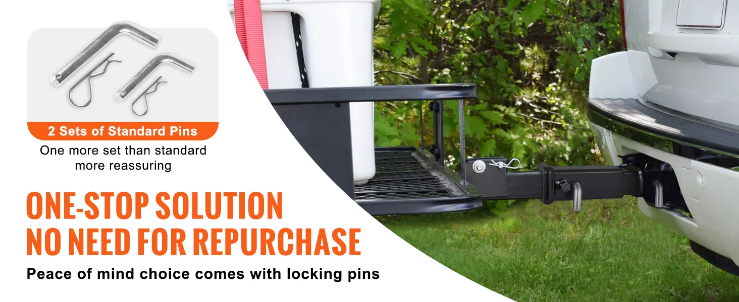 VEVOR trailer hitch extender with two sets of locking pins attached to a vehicle, offering a secure solution.
