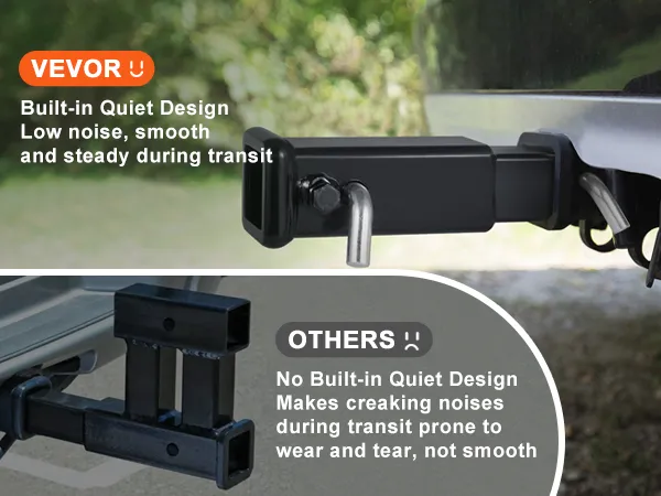 VEVOR trailer hitch extender with built-in quiet design vs. others with no quiet design.
