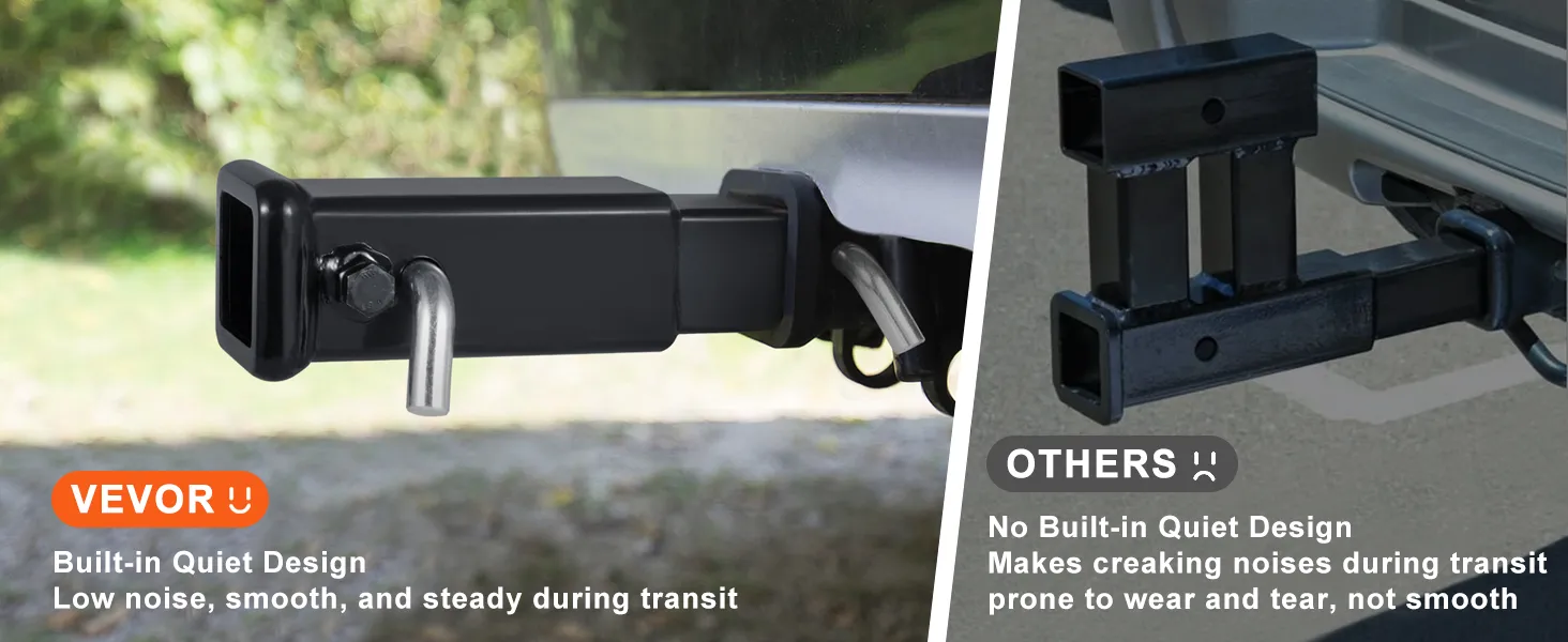 VEVOR trailer hitch extender with built-in quiet design vs. others with no quiet design.