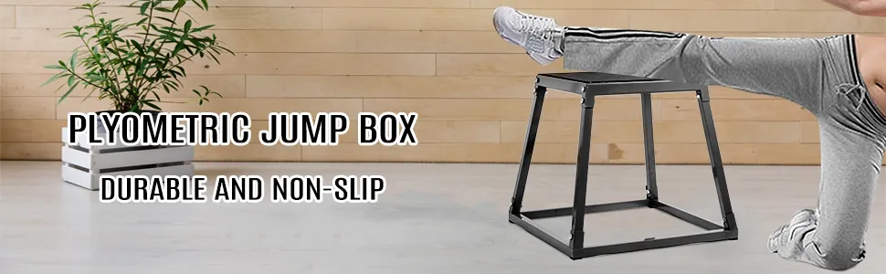Plyometrische Box von VEVOR mit darauf ruhendem Fußpilz in einem hellen Trainingsraum.