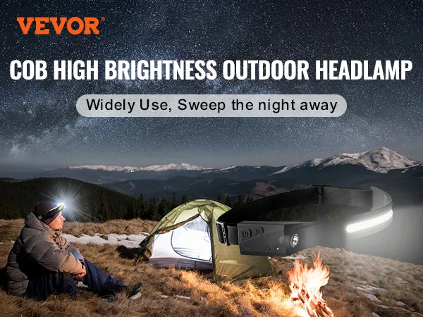 VEVOR rechargeable headlamp with cob high brightness, camping site, and clear night sky background.
