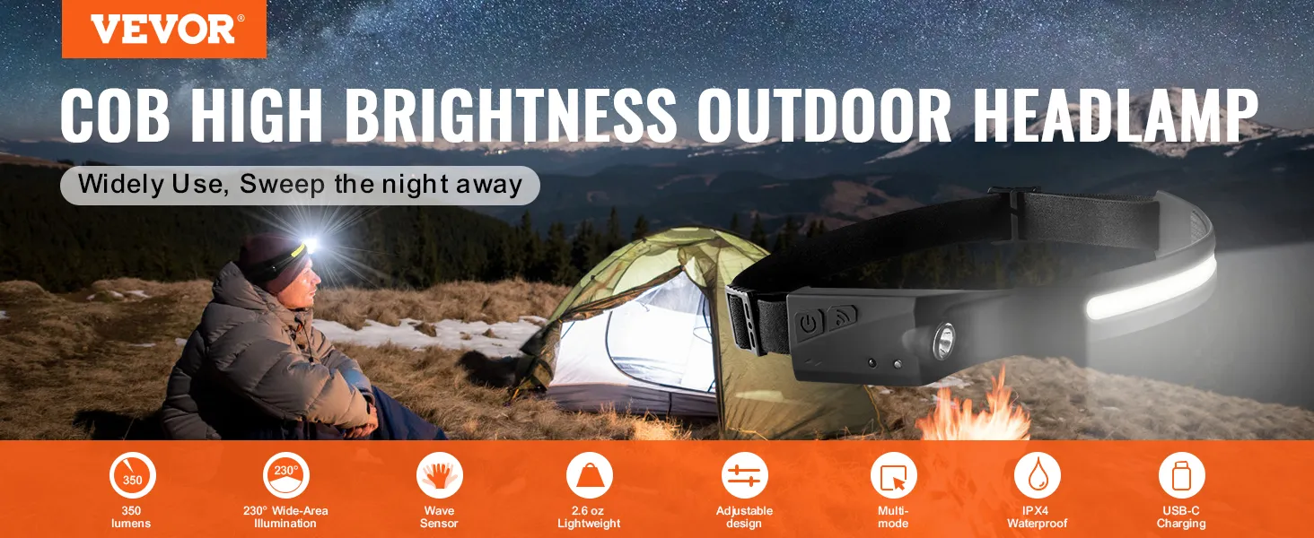 VEVOR rechargeable headlamp with cob high brightness, camping site, and clear night sky background.