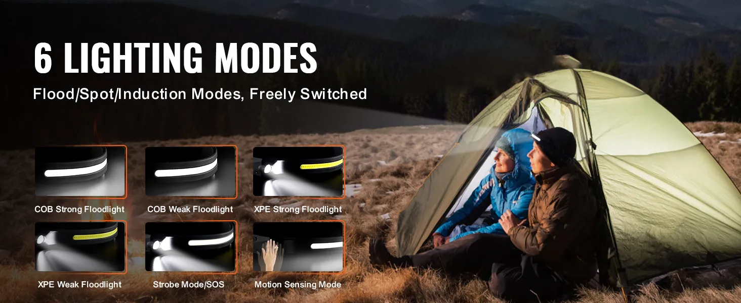 VEVOR rechargeable headlamp showcasing 6 lighting modes inside a camping tent with mountains in the background.