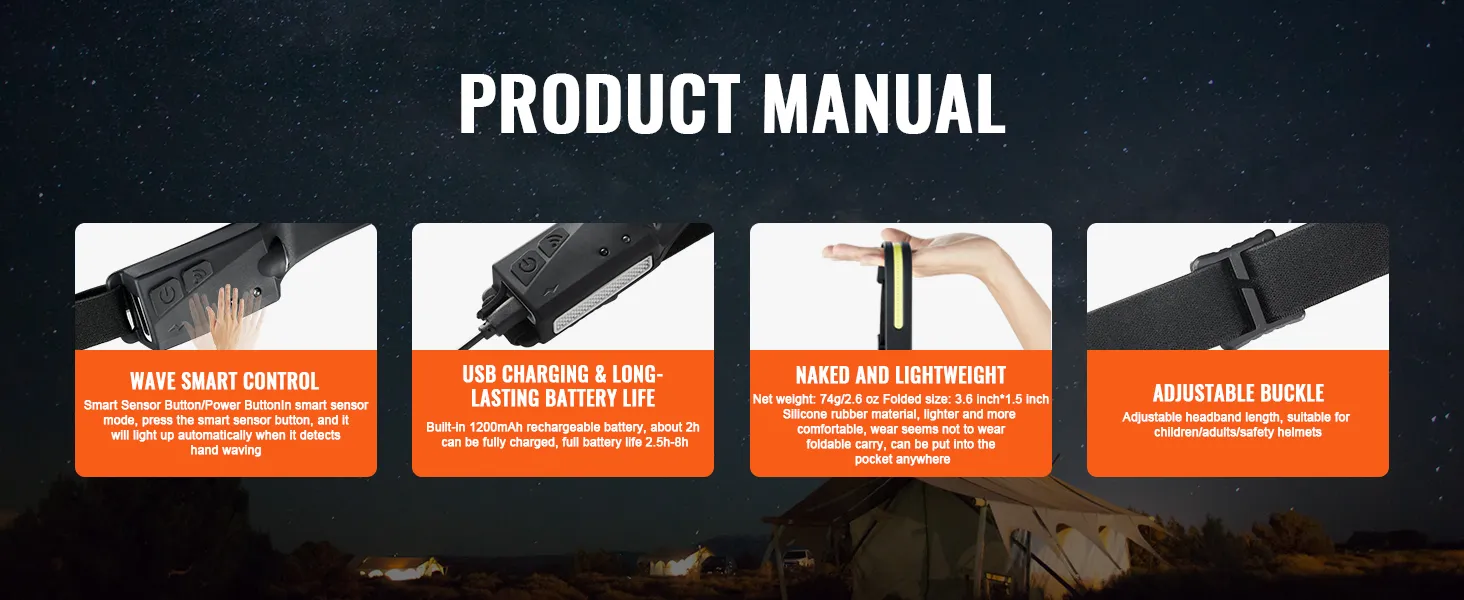 VEVOR rechargeable headlamp: wave smart control, usb charging, lightweight, adjustable buckle.