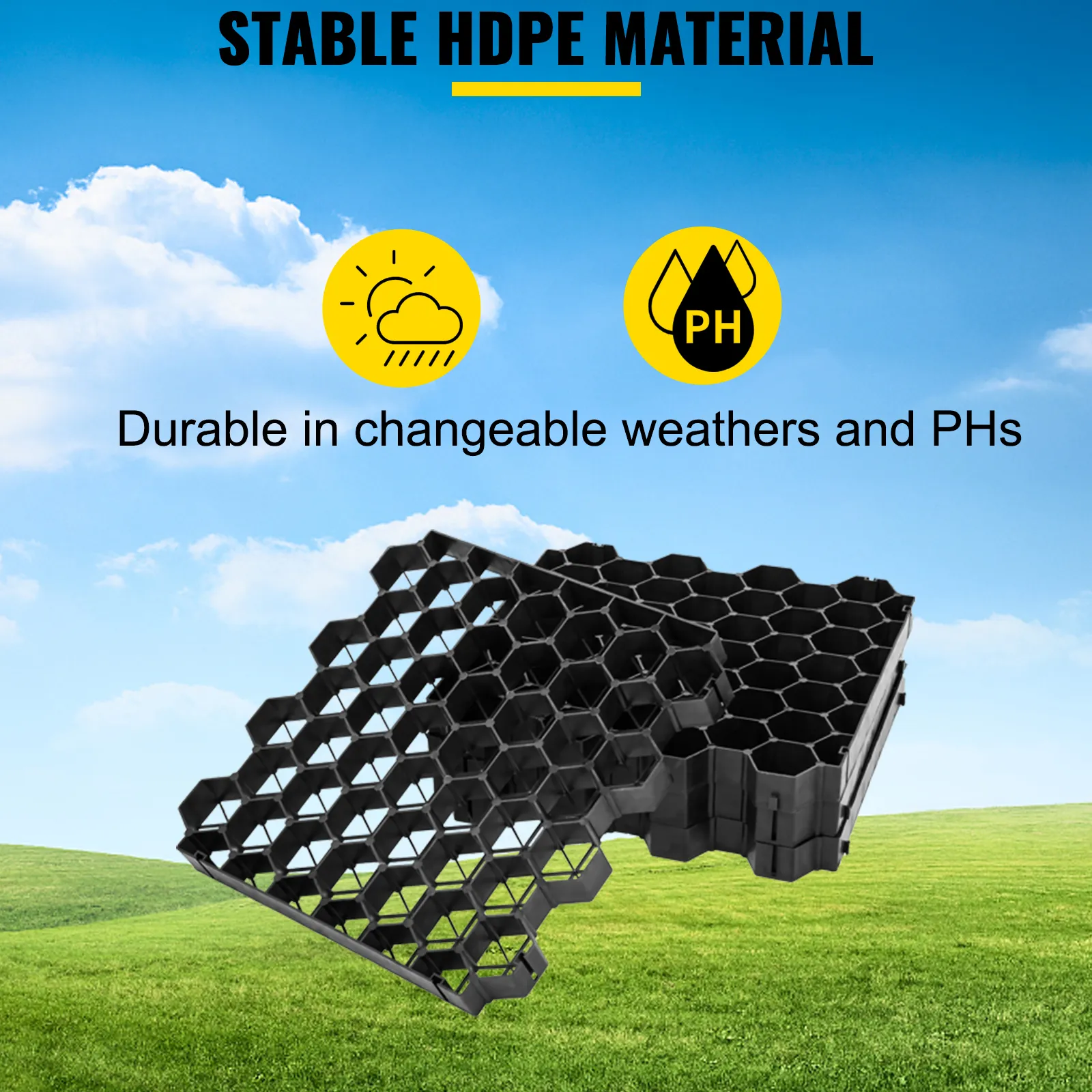 Pavimentos permeables VEVOR hechos de material HDPE estable, duraderos en condiciones climáticas y de pH variables.