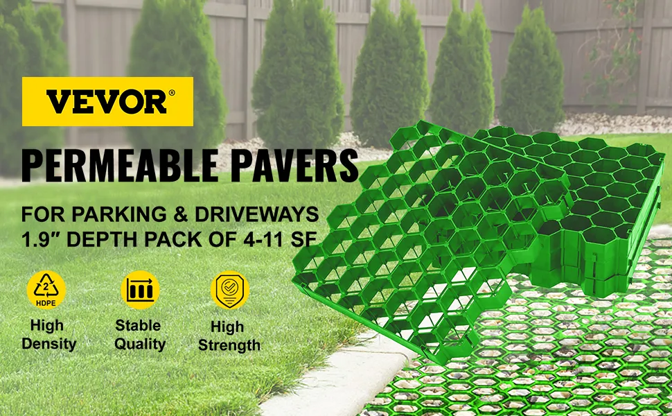 Pavimentos permeables VEVOR para estacionamientos y caminos de acceso mostrados sobre césped verde con características clave.