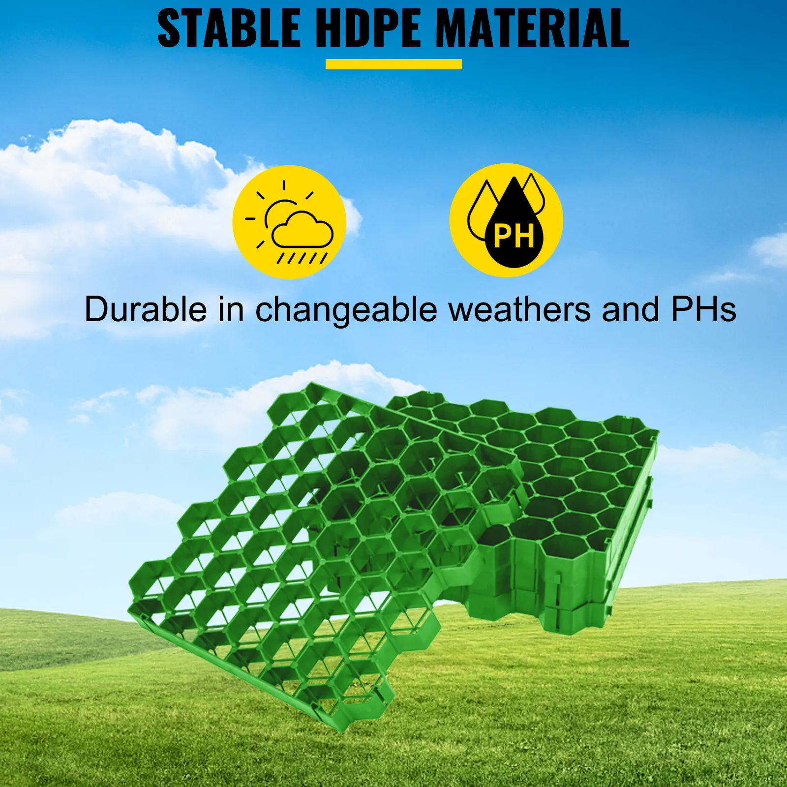 Pavimentos permeables VEVOR, rejilla hexagonal verde duradera sobre césped contra un cielo azul.