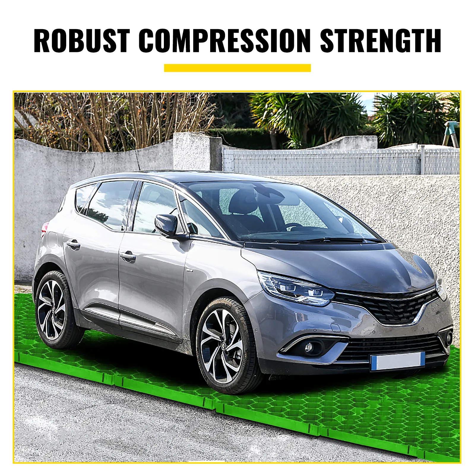 Coche gris aparcado sobre adoquines permeables VEVOR verdes con robusta resistencia a la compresión.