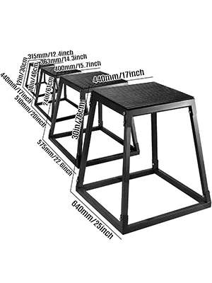 Caja de salto pliométrico VEVOR que presenta variaciones de altura de 12 a 25 pulgadas.