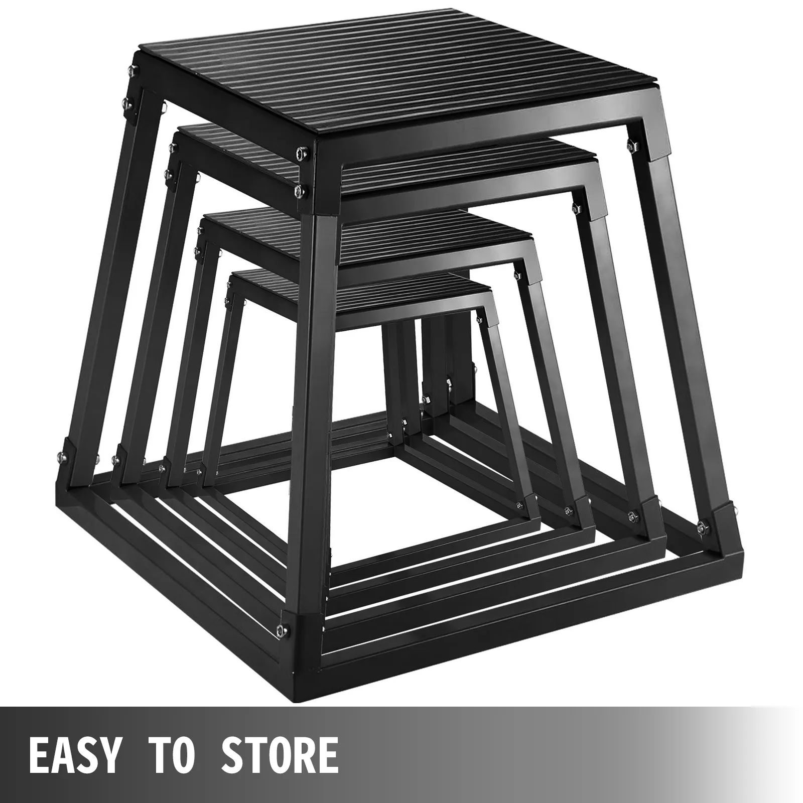 Conjunto de cajas de salto pliométrico VEVOR anidadas para un fácil almacenamiento, que se muestran en varios tamaños.