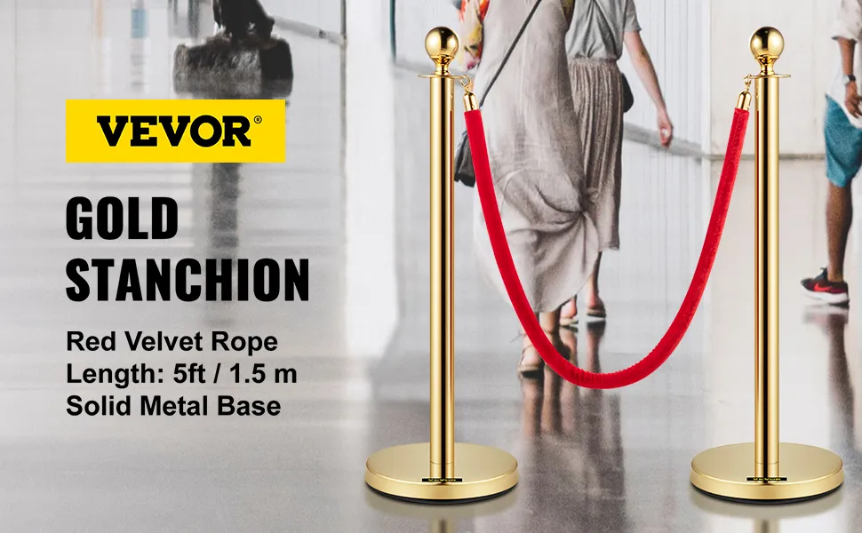 Cuerdas y postes de terciopelo VEVOR en oro con cuerda de terciopelo rojo, 5 pies de largo, base de metal sólido.