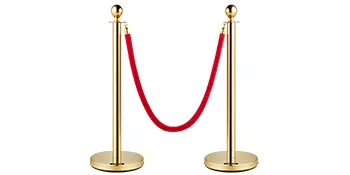 Postes dorados con cuerda roja, cuerdas de terciopelo VEVOR y postes para control de multitudes.