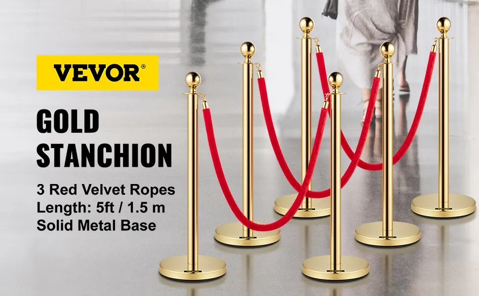 Postes dorados VEVOR con tres cuerdas de terciopelo rojo y bases de metal macizo.