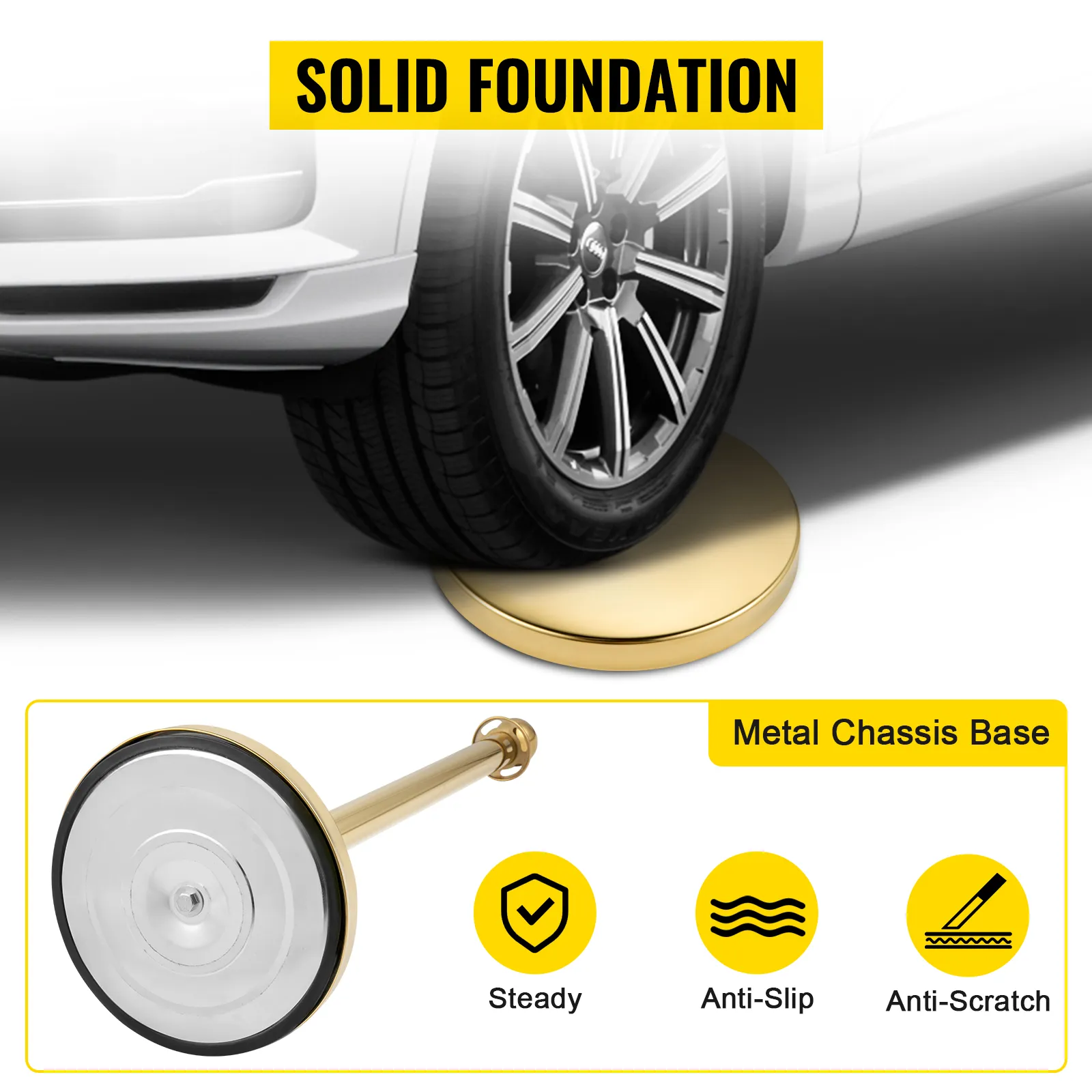 Las cuerdas de terciopelo VEVOR con base de chasis de metal resistente sostienen una rueda de vehículo.