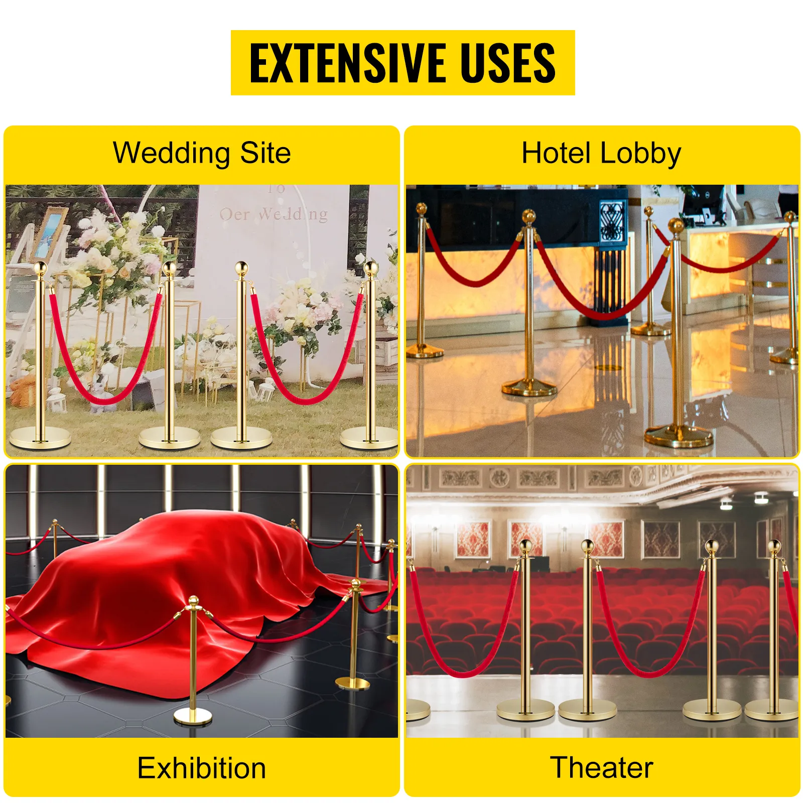 Cuerdas de terciopelo VEVOR en uso en lugares de celebración de bodas, vestíbulos de hoteles, exposiciones y teatros.