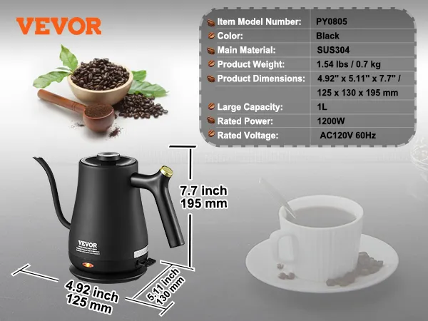 VEVOR electric gooseneck kettle, black stainless steel, 1200w, 1l capacity, dimensions: 195x130x125mm.