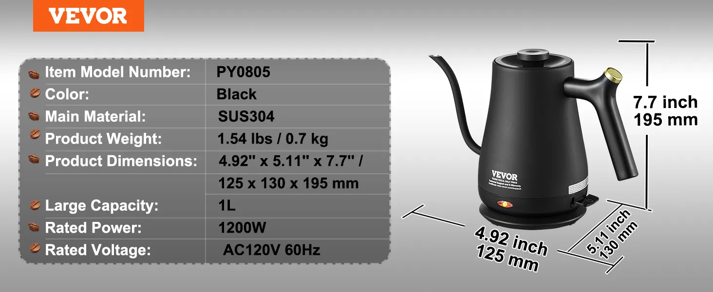 VEVOR electric gooseneck kettle, black stainless steel, 1200w, 1l capacity, dimensions: 195x130x125mm.