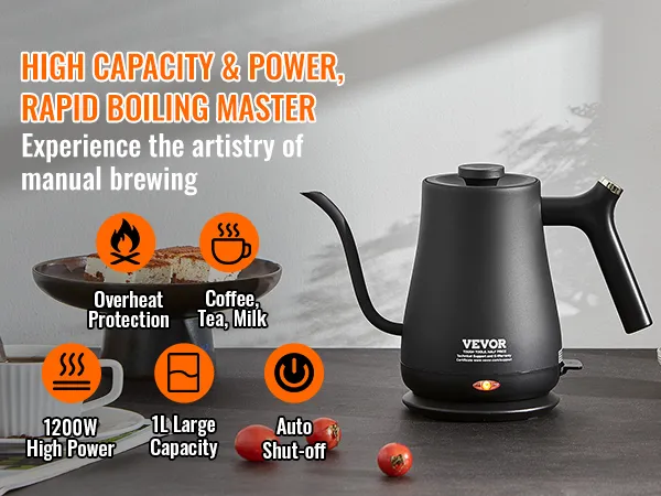 VEVOR electric gooseneck kettle with 1200w power, 1l capacity, and auto shut-off, ideal for coffee, tea.