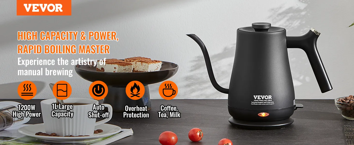 VEVOR electric gooseneck kettle with 1200w power, 1l capacity, and auto shut-off, ideal for coffee, tea.