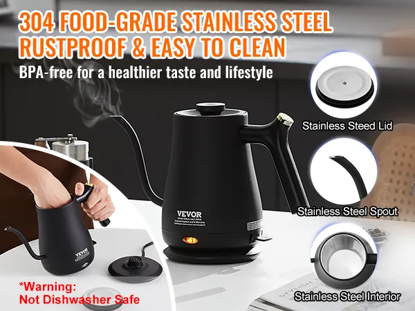VEVOR electric gooseneck kettle, rustproof, bpa-free, stainless steel interior, lid, and spout.