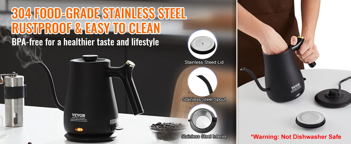 VEVOR electric gooseneck kettle, rustproof, bpa-free, stainless steel interior, lid, and spout.