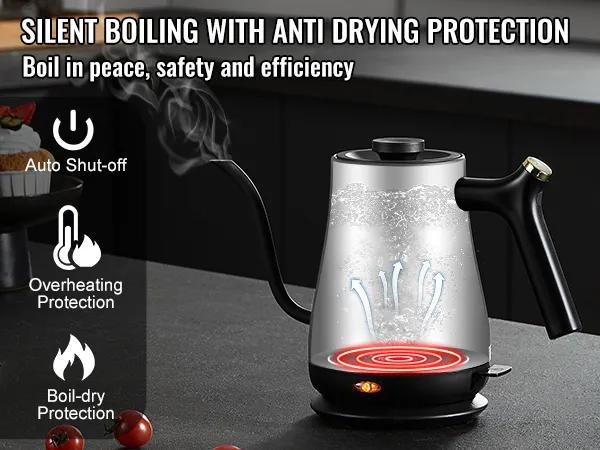 VEVOR electric gooseneck kettle boiling water on a countertop with pastries and cup nearby.