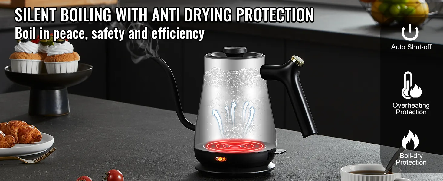 VEVOR electric gooseneck kettle boiling water on a countertop with pastries and cup nearby.