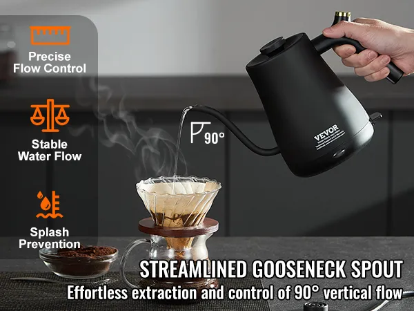 VEVOR electric gooseneck kettle with precise flow control for stable water flow and splash prevention.