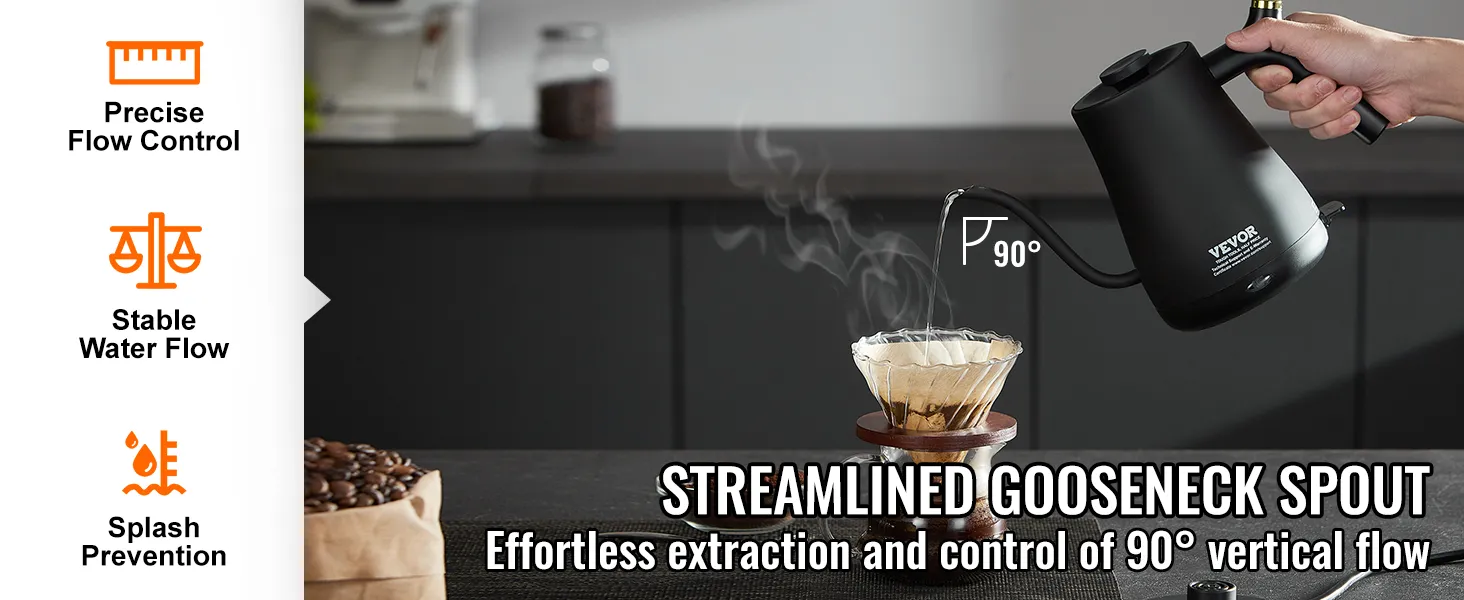 VEVOR electric gooseneck kettle with precise flow control for stable water flow and splash prevention.