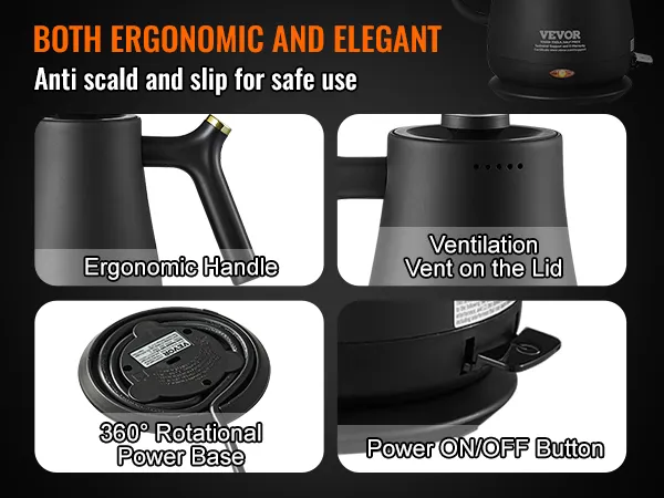 VEVOR electric gooseneck kettle with ergonomic handle, 360° rotational power base, and ventilation vent.